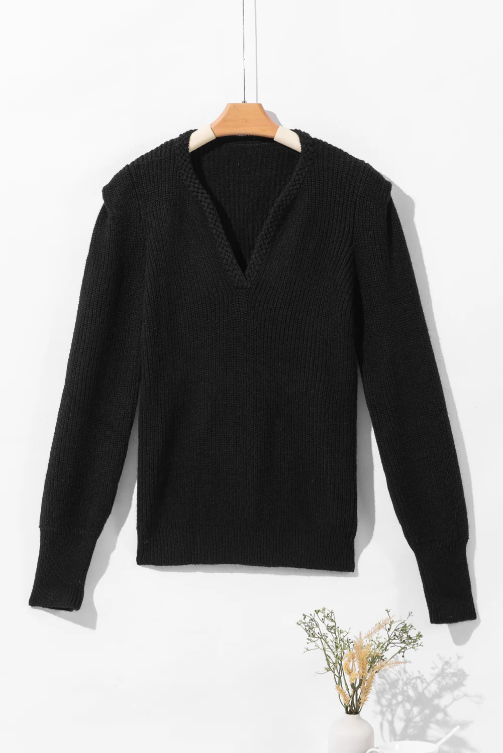 Solid Color Notched Long Sleeve Sweater - Image 4