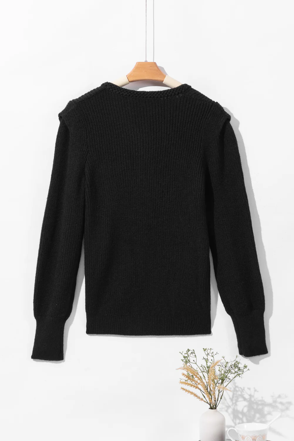 Solid Color Notched Long Sleeve Sweater - Image 5