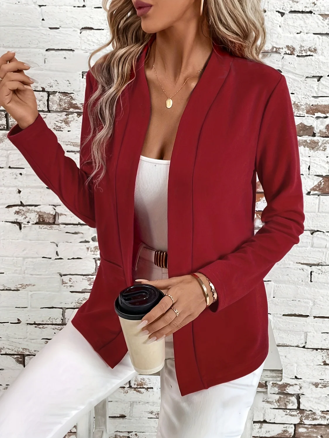 Solid Color Open Front Long Sleeve Cardigan - Image 2