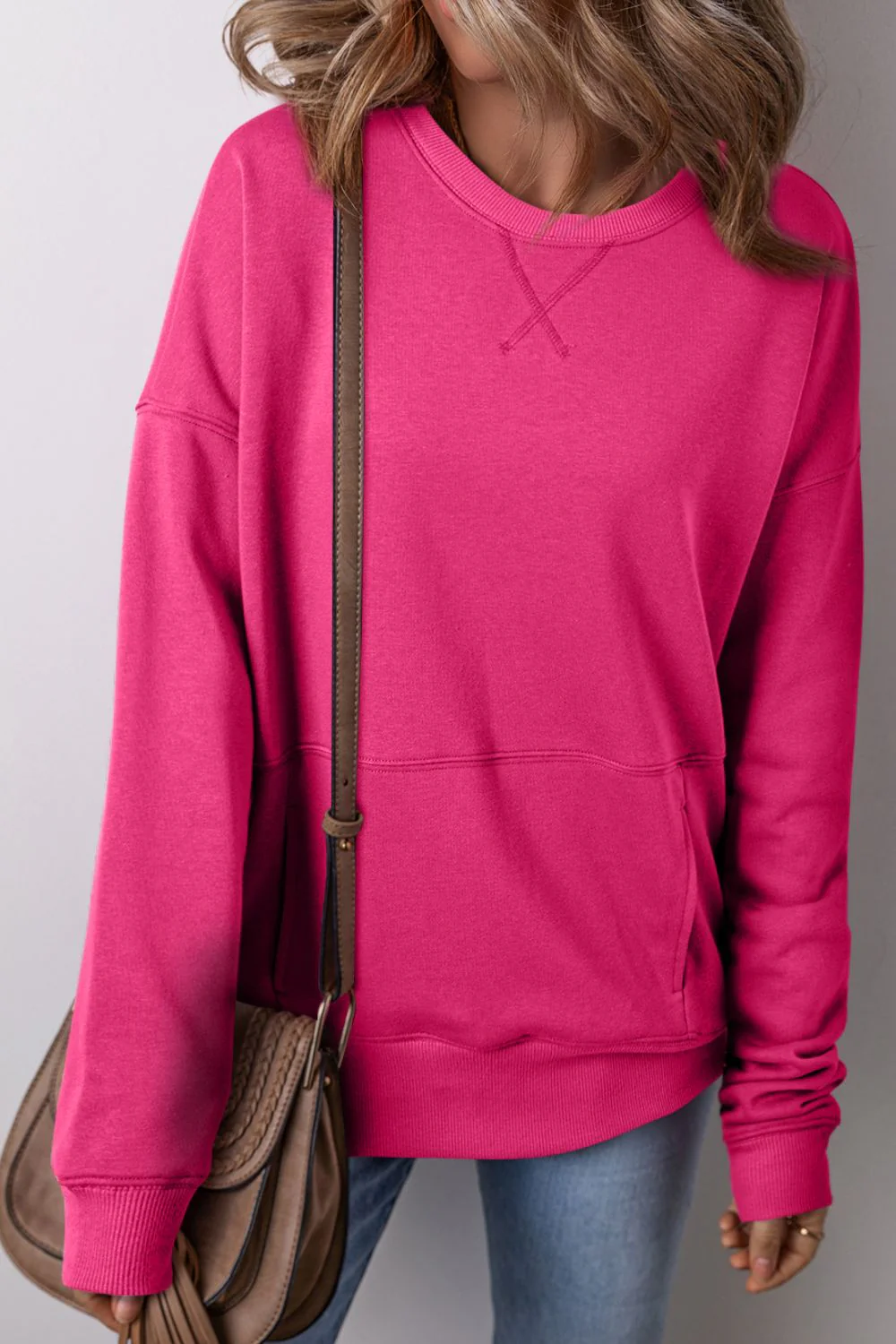 Solid Color Round Neck Long Sleeve Sweatshirt - Image 11