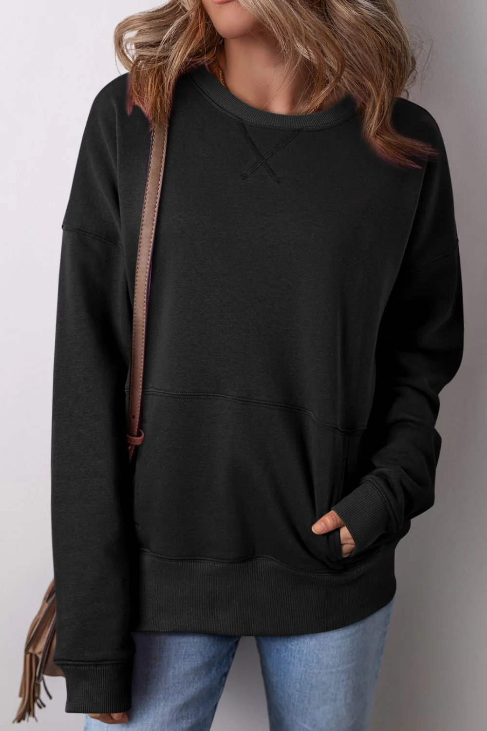 Solid Color Round Neck Long Sleeve Sweatshirt - Image 19