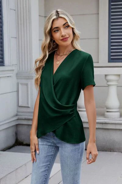 Solid Color Surplice Short Sleeve Blouse - Image 10