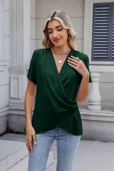 Solid Color Surplice Short Sleeve Blouse - Image 11