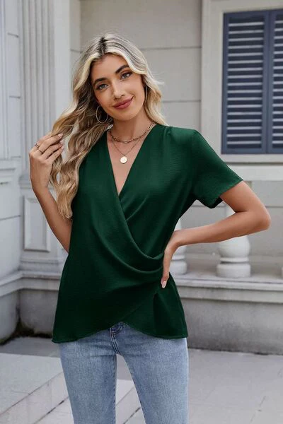 Solid Color Surplice Short Sleeve Blouse - Image 13