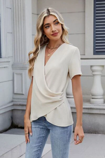 Solid Color Surplice Short Sleeve Blouse - Image 2