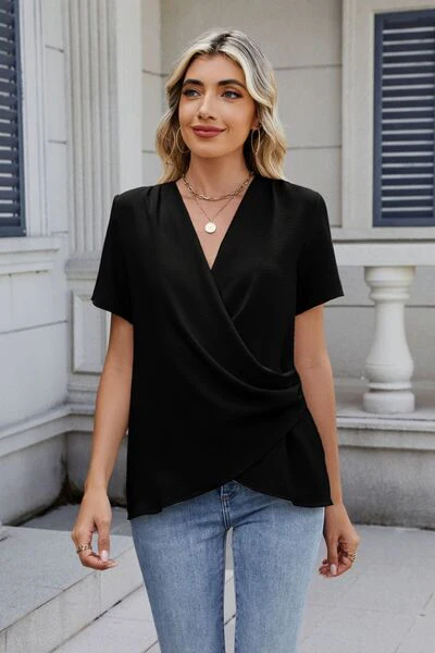 Solid Color Surplice Short Sleeve Blouse - Image 7