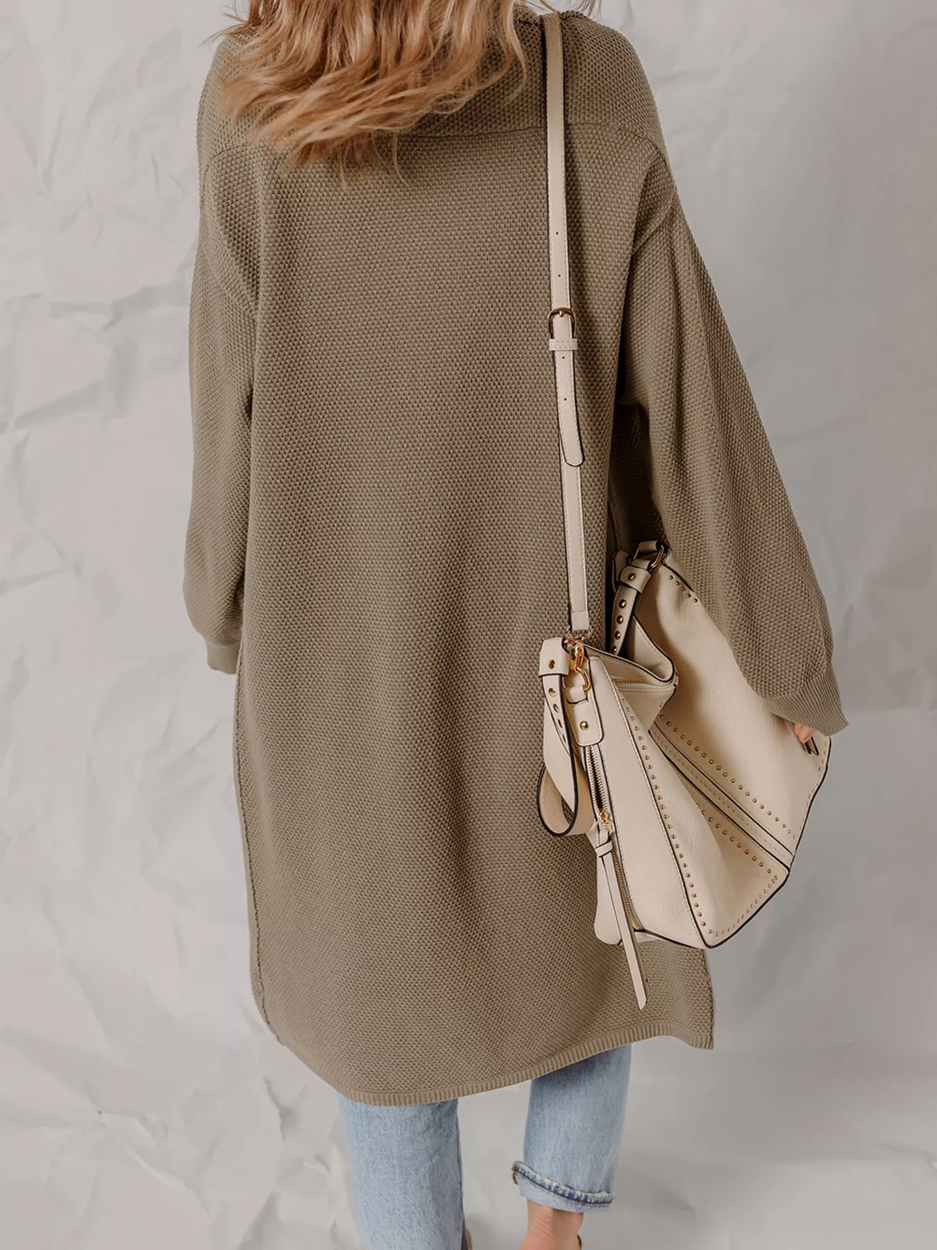 Solid Color Textured Knit Open Front Oversize Cardigan - Image 2