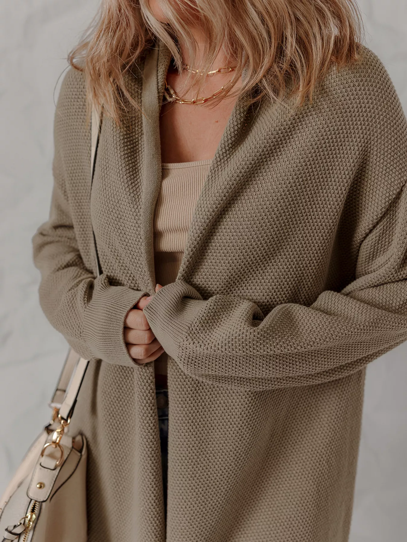 Solid Color Textured Knit Open Front Oversize Cardigan - Image 4