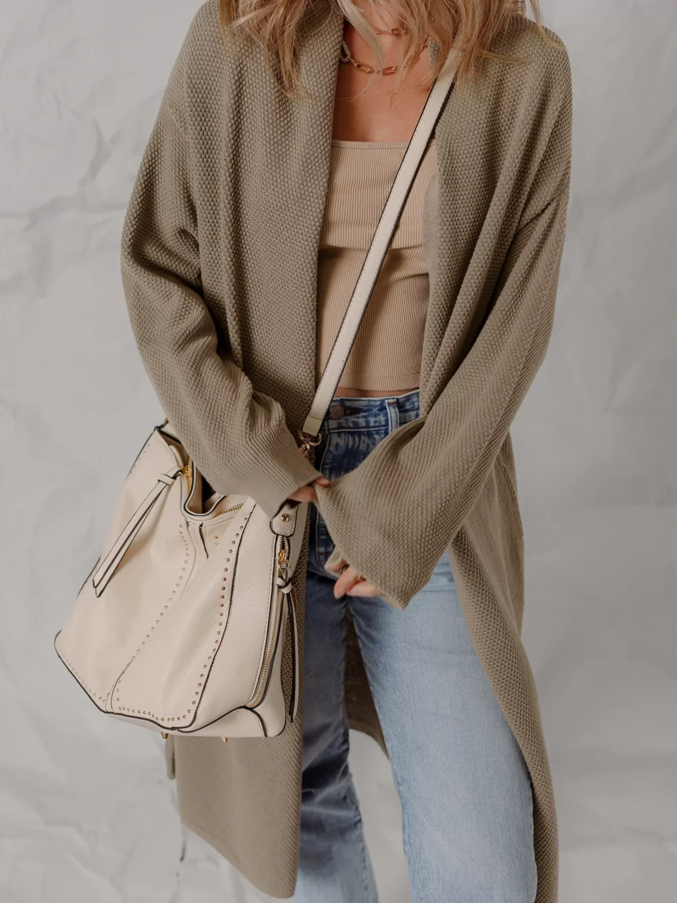 Solid Color Textured Knit Open Front Oversize Cardigan - Image 5