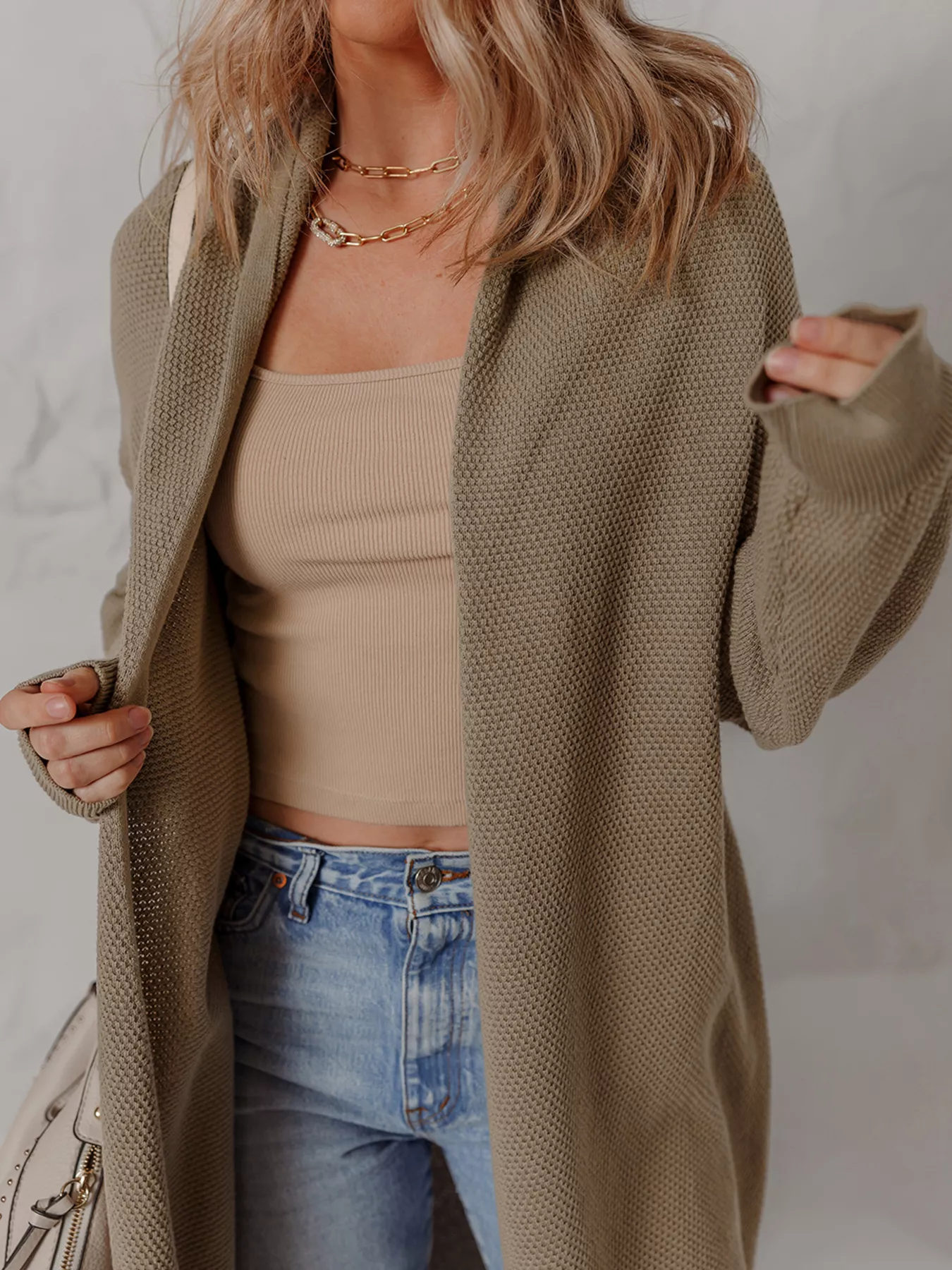 Solid Color Textured Knit Open Front Oversize Cardigan - Image 6