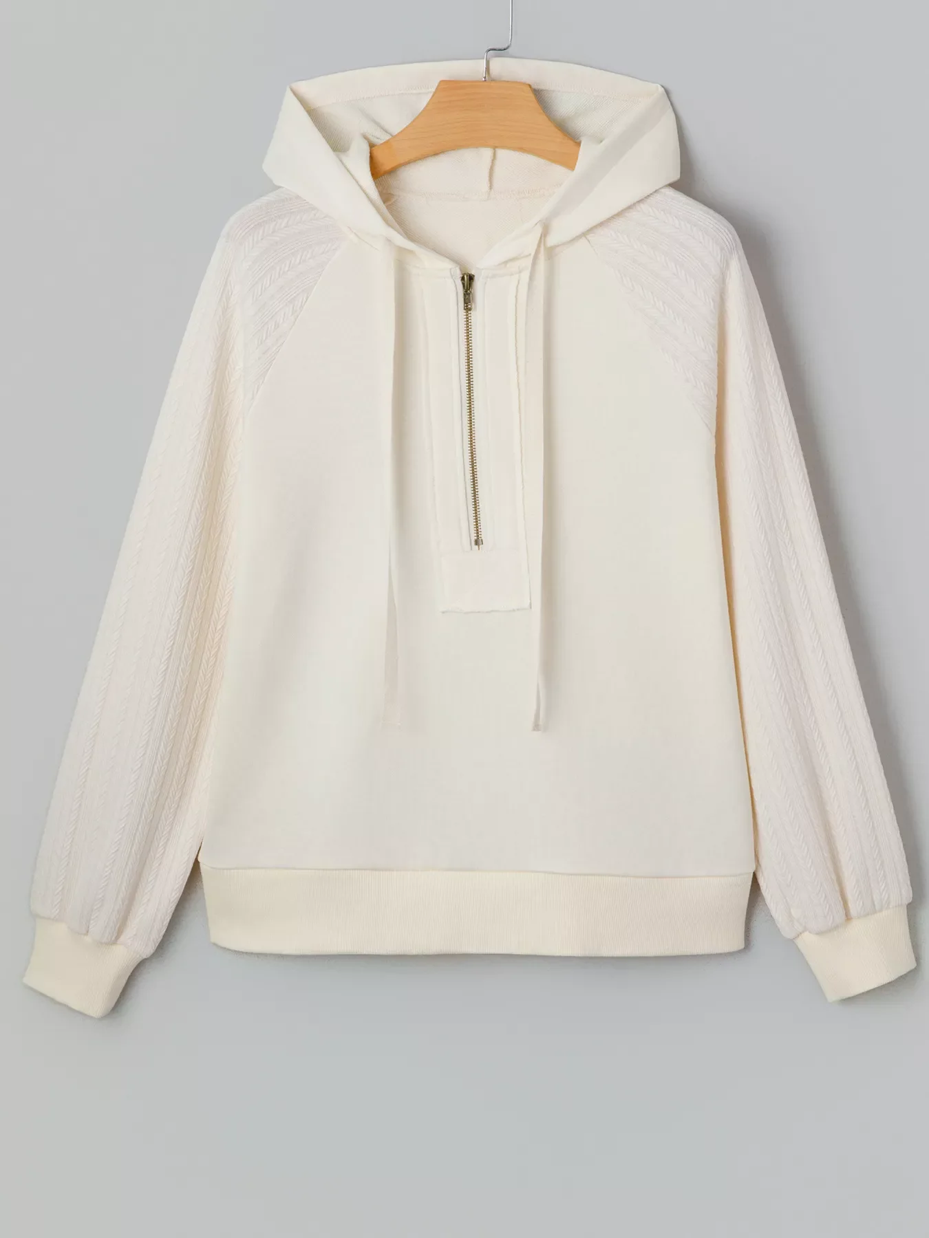 Solid Color Textured Sleeve Patchwork Half Zip Hoodie - Image 4
