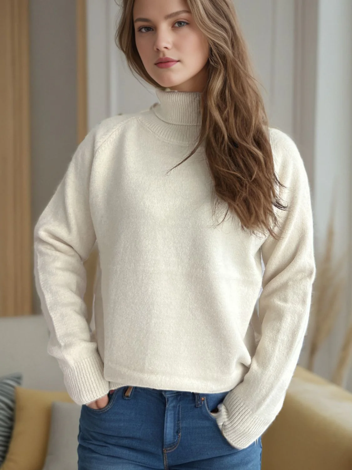Solid Color Turtleneck Long Sleeve Sweater - Image 3