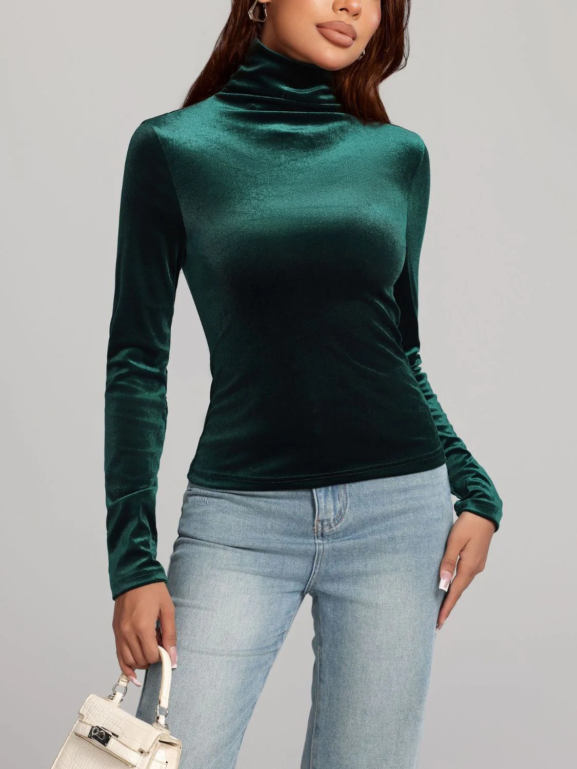 Solid Color Turtleneck Long Sleeve Top - Image 4