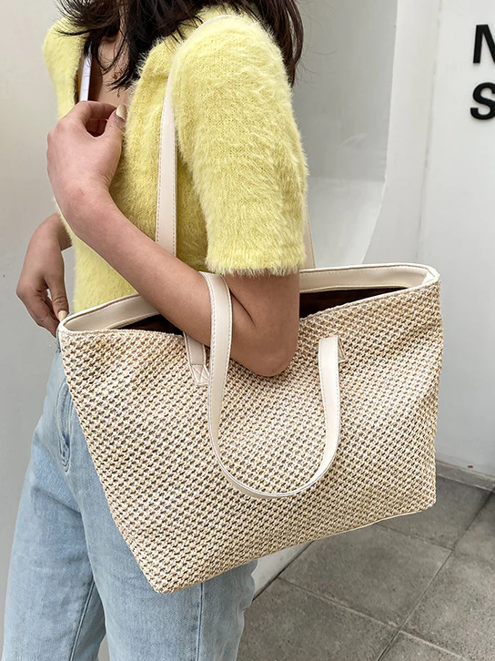 Solid Color Woven Tote Bag - Image 3