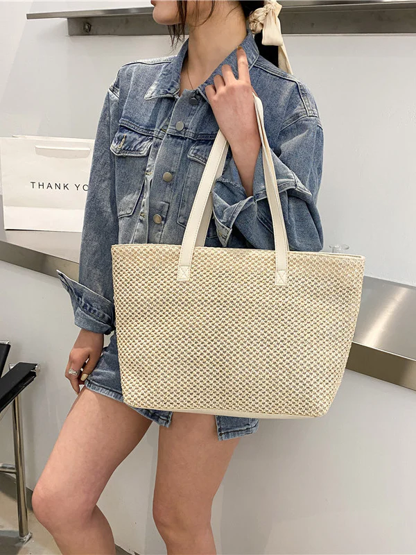 Solid Color Woven Tote Bag - Image 4