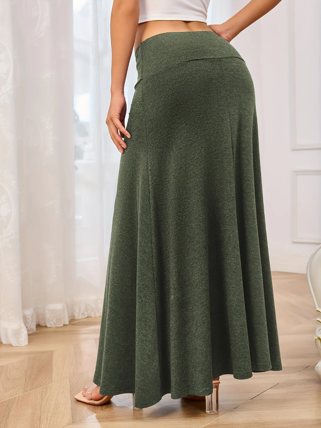 Solid Elastic Waist Maxi Skirt - Image 10