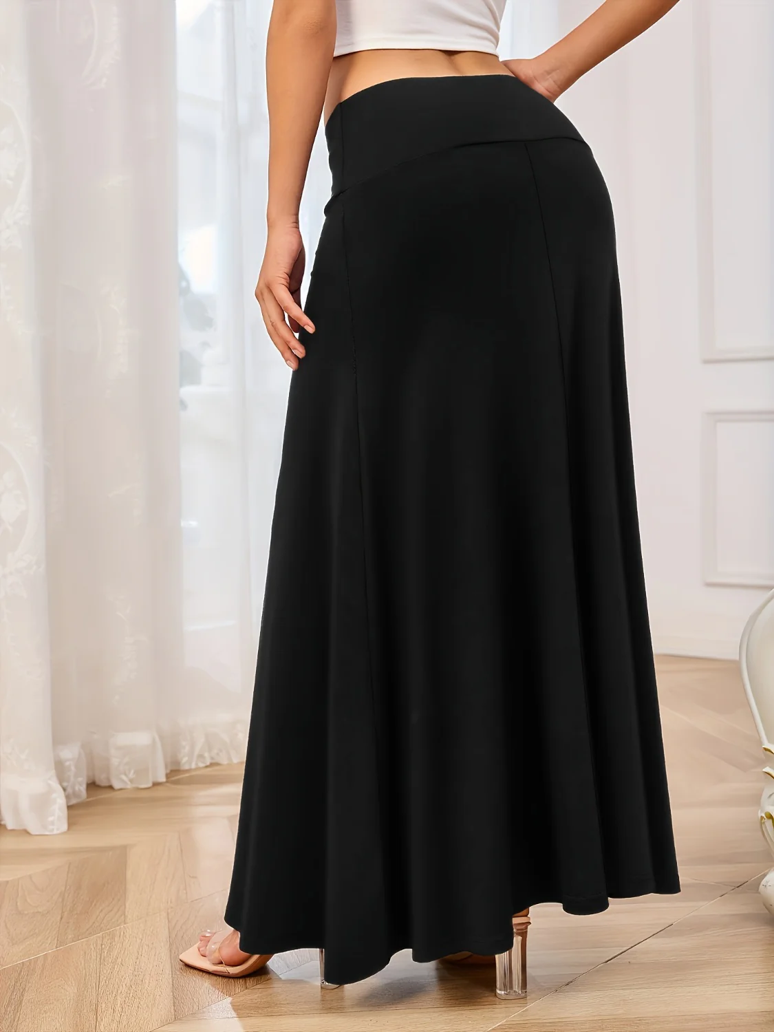 Solid Elastic Waist Maxi Skirt - Image 13