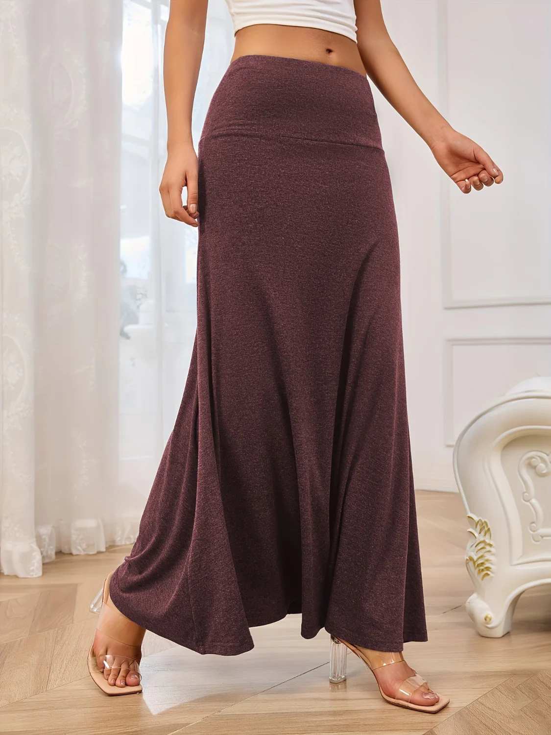 Solid Elastic Waist Maxi Skirt - Image 4