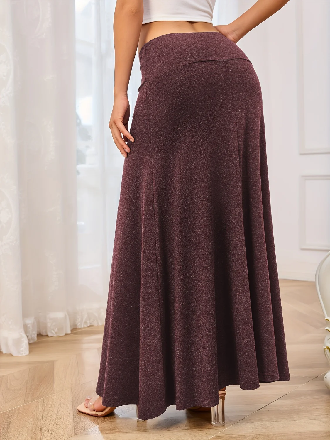 Solid Elastic Waist Maxi Skirt - Image 5
