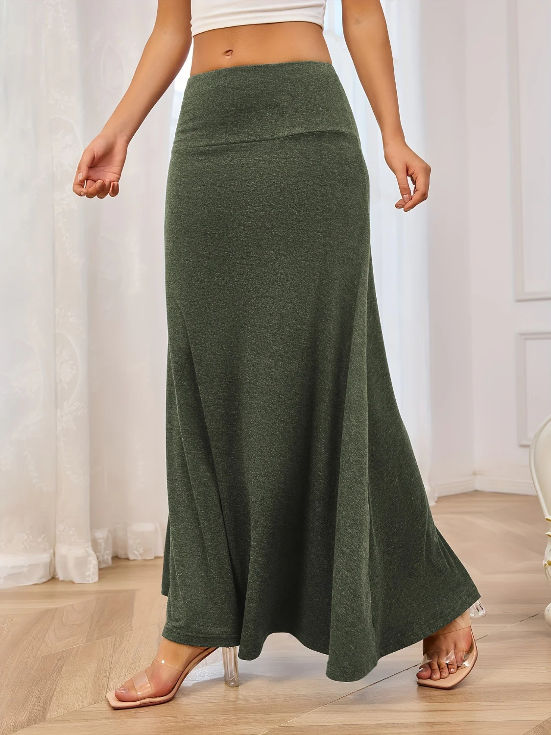 Solid Elastic Waist Maxi Skirt - Image 7