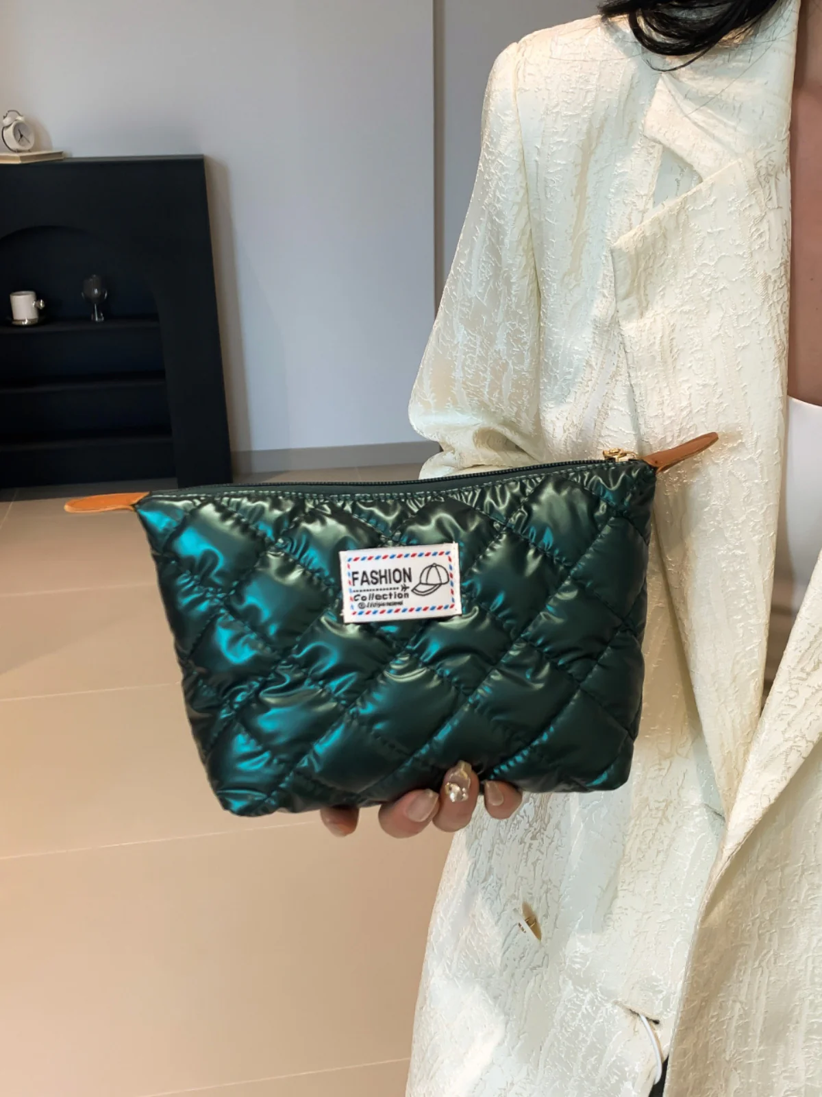 Solid Quilted Clutch with Zipper - Image 16