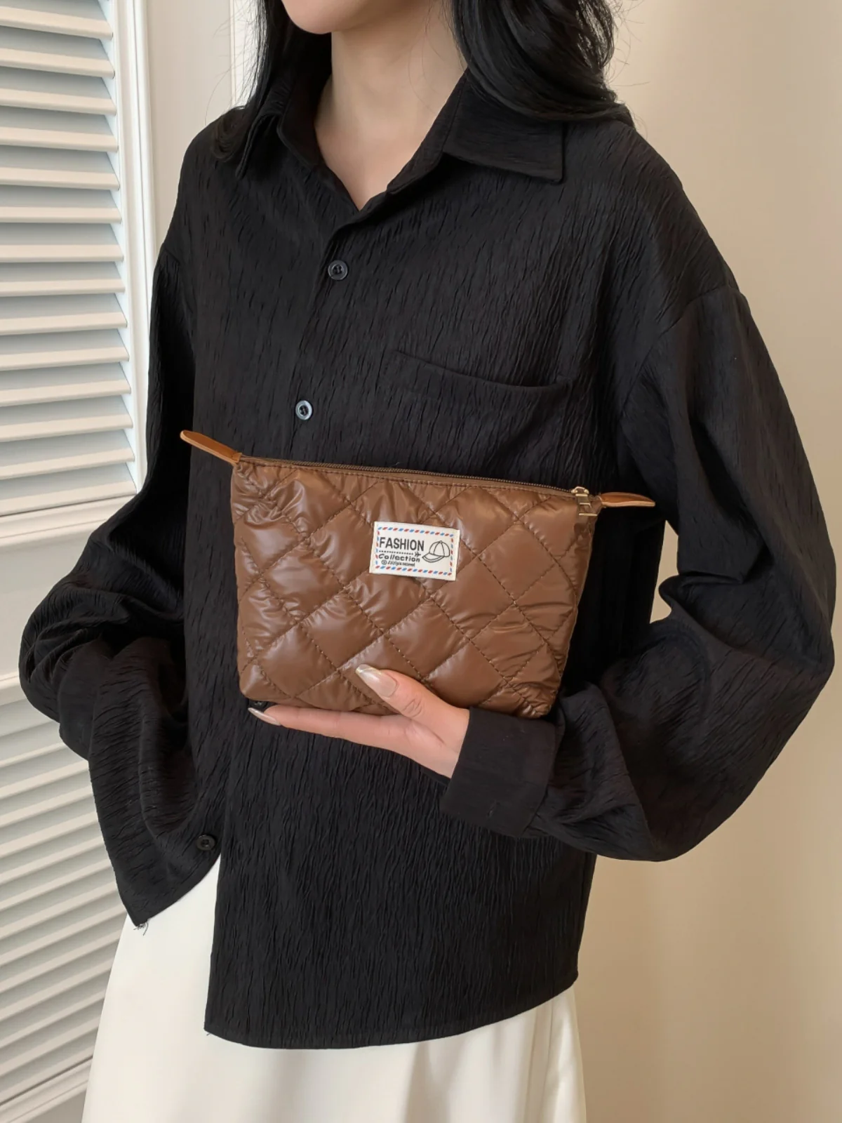 Solid Quilted Clutch with Zipper - Image 27