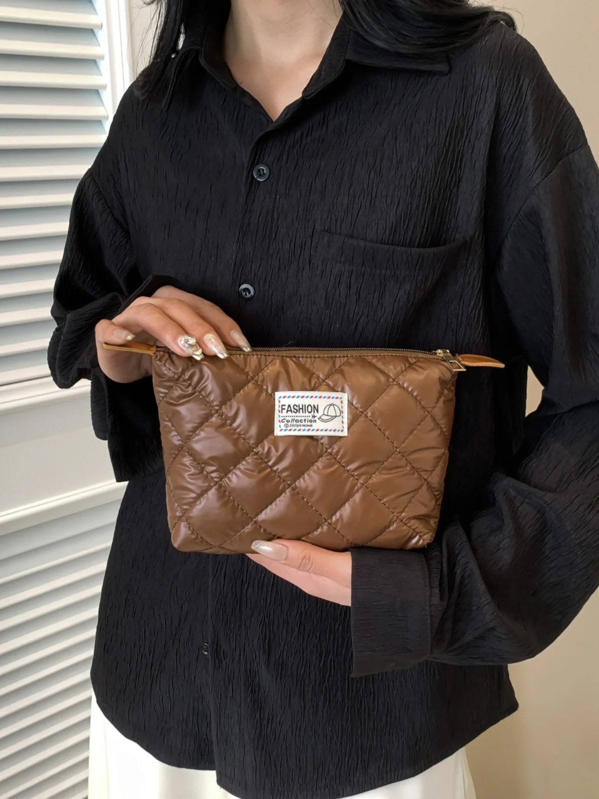 Solid Quilted Clutch with Zipper - Image 30