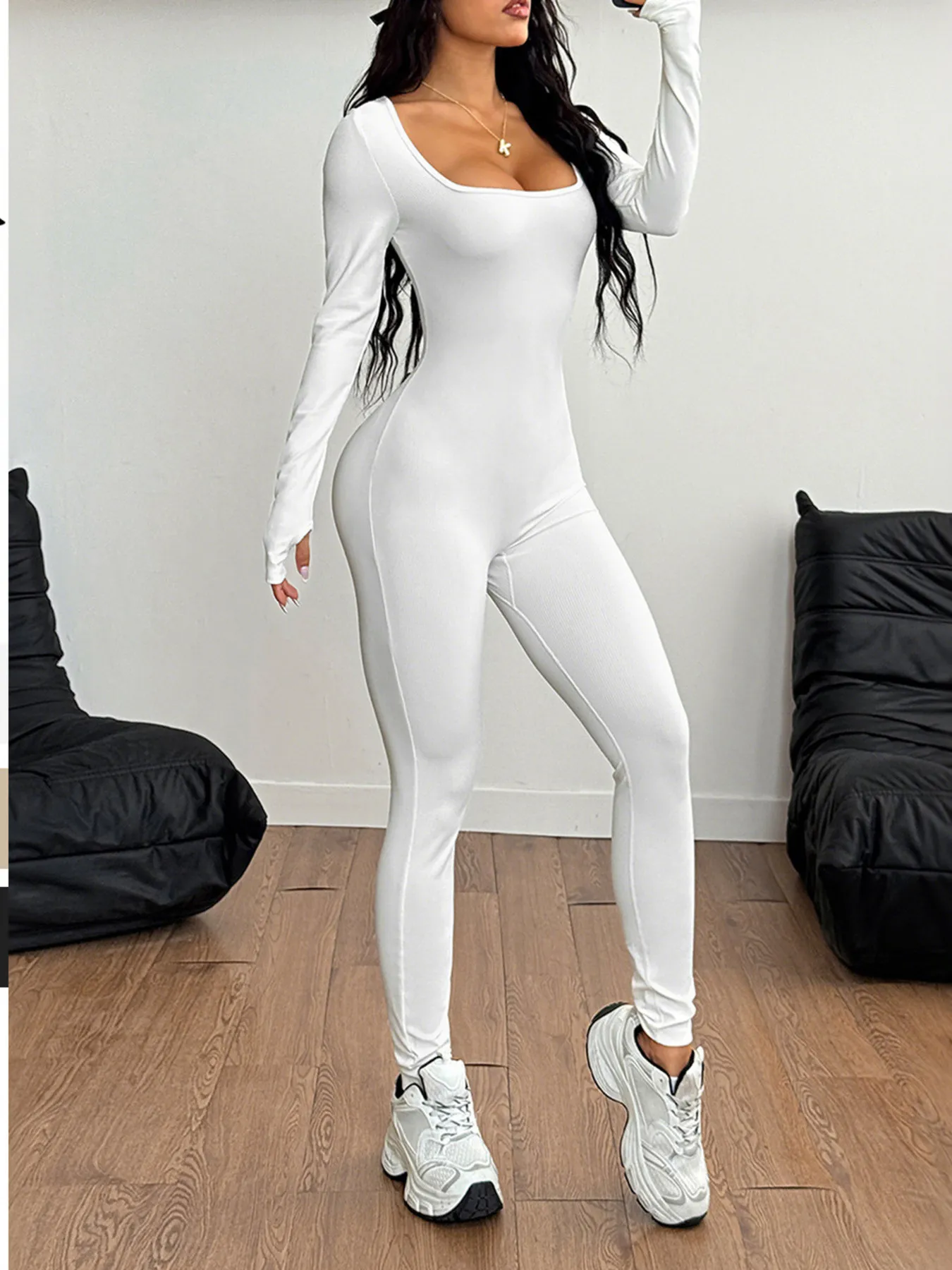 Square Neck Long Sleeve Active Jumpsuit - Image 5