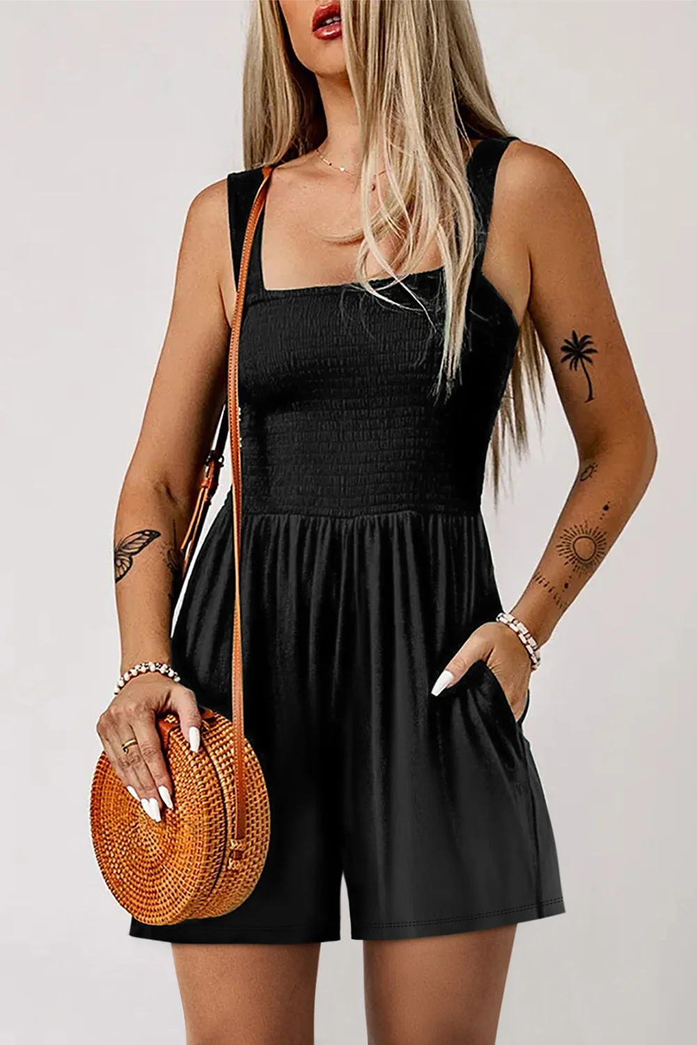 Square Neck Smocked Romper with Pocket - Image 3