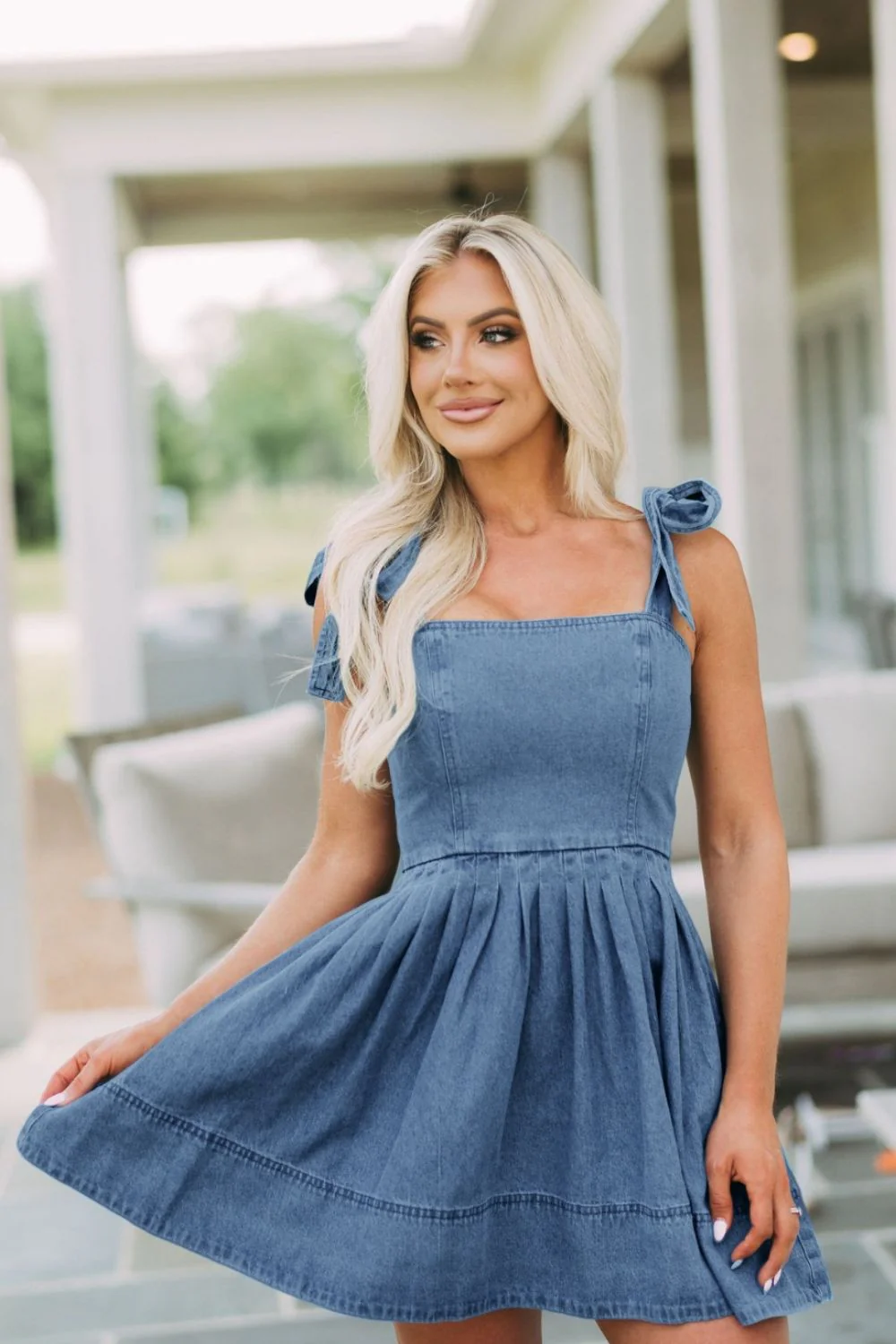 Square Neck Tie Shoulder Denim Dress - Image 3