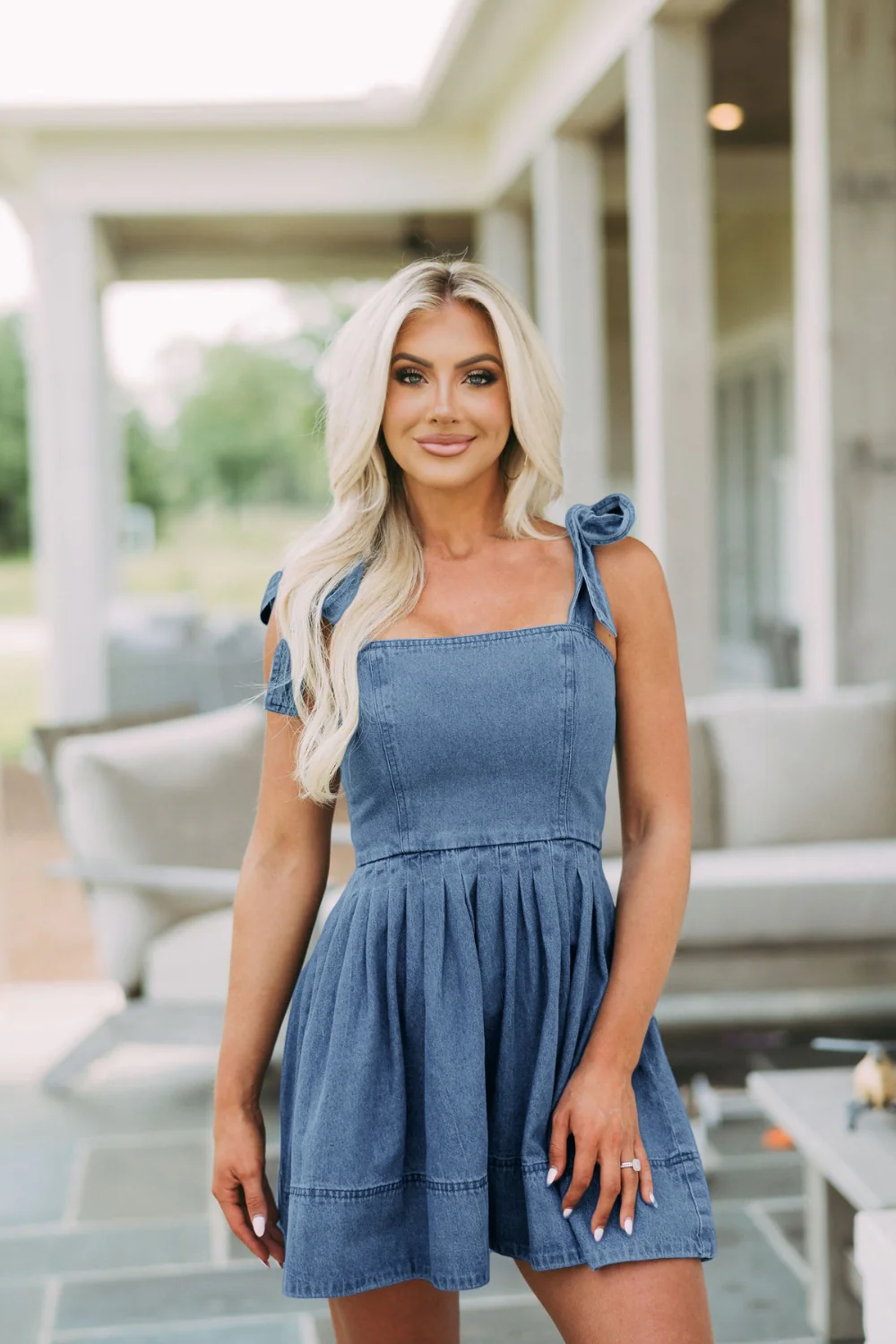Square Neck Tie Shoulder Denim Dress - Image 4