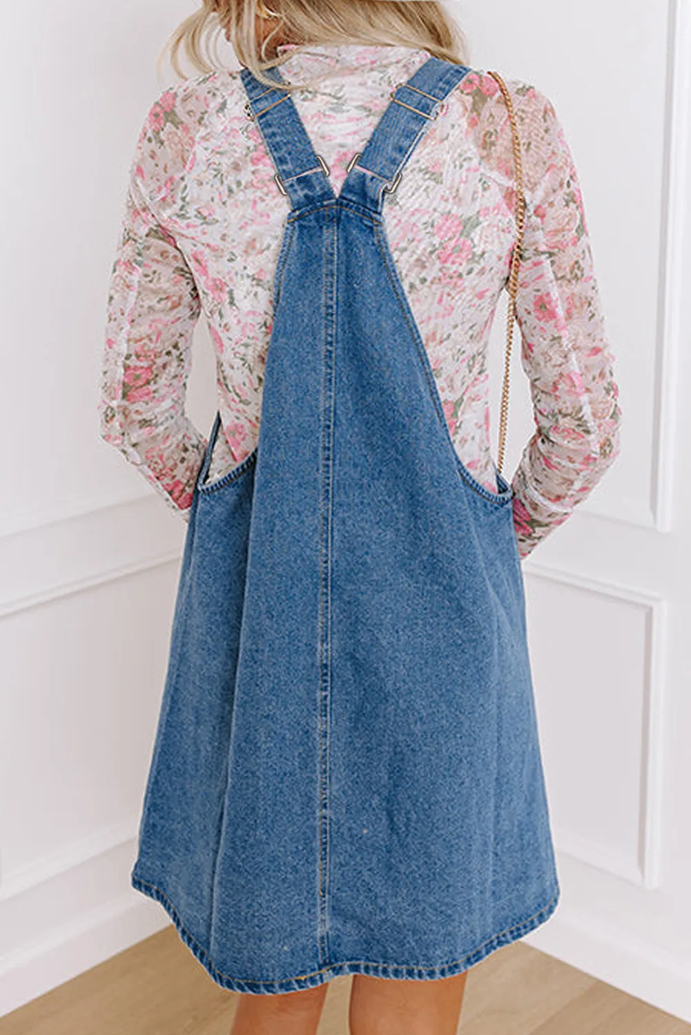 Square Neck Wide Strap Denim Overall Dress - Image 3