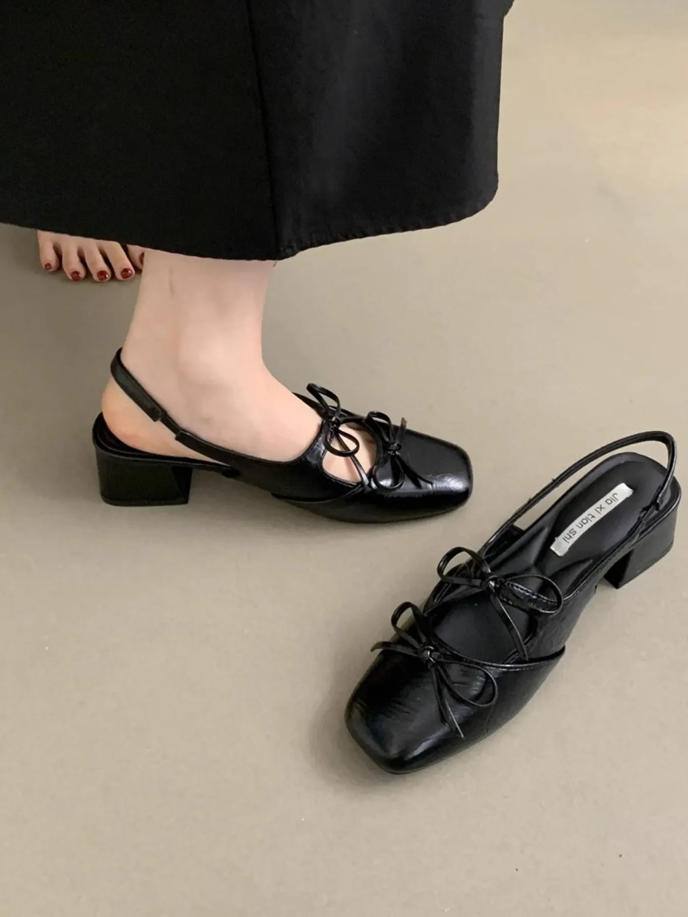 Square Toe Bow-Tie Slingback Ballet Shoes - Image 2