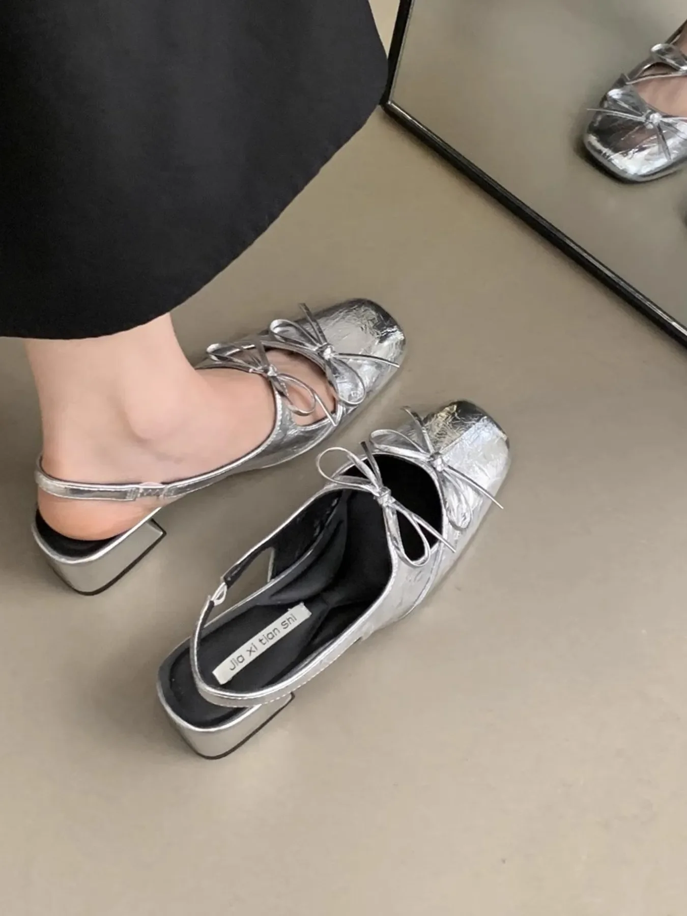 Square Toe Bow-Tie Slingback Ballet Shoes - Image 5
