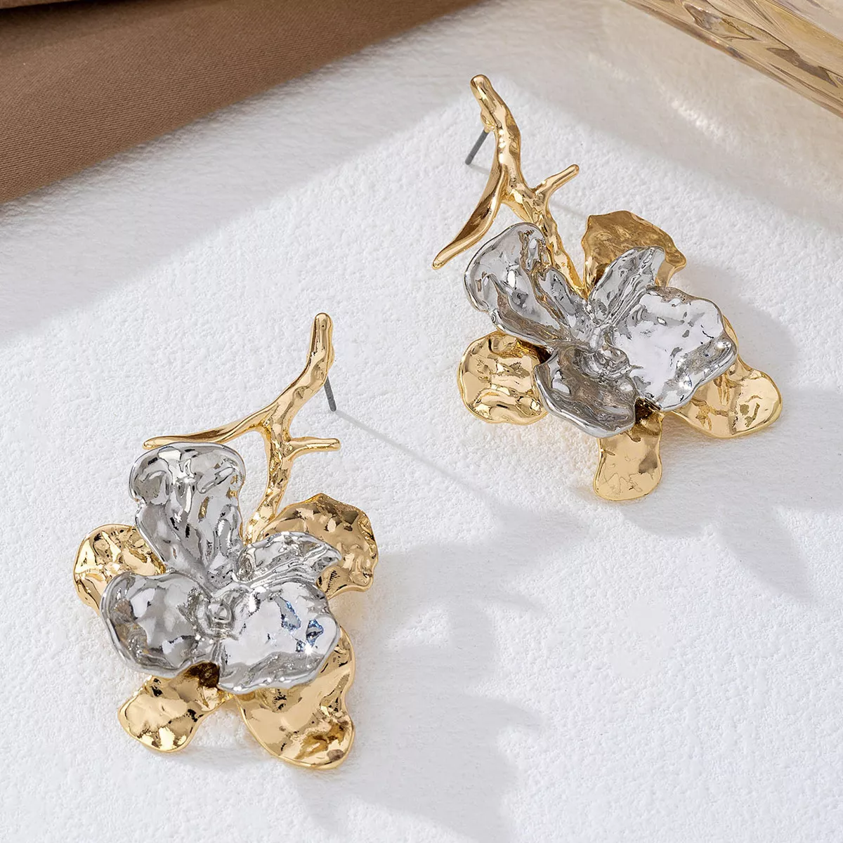 Stainless Steel Flower Statement Drop Earrings - Image 2