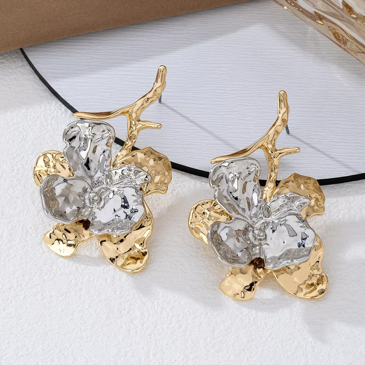 Stainless Steel Flower Statement Drop Earrings - Image 3