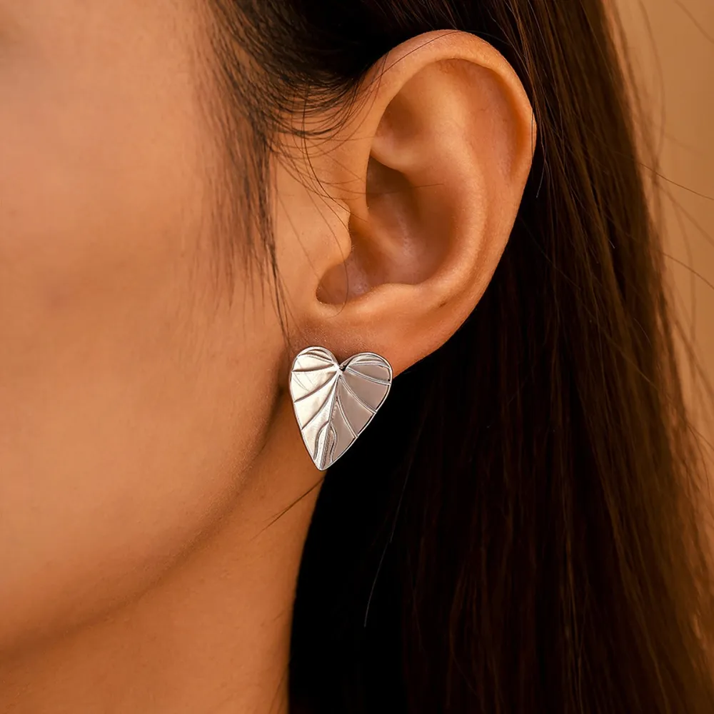 Stainless Steel Heart Leaf Stud Earring - Image 4