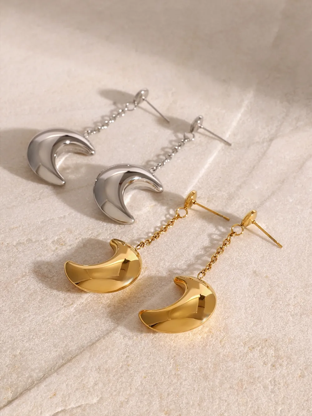 Stainless Steel Moon Dangle Earrings - Image 2