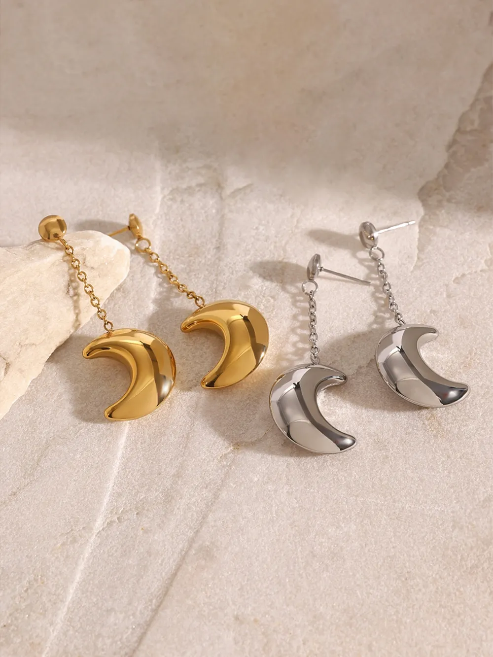 Stainless Steel Moon Dangle Earrings - Image 4