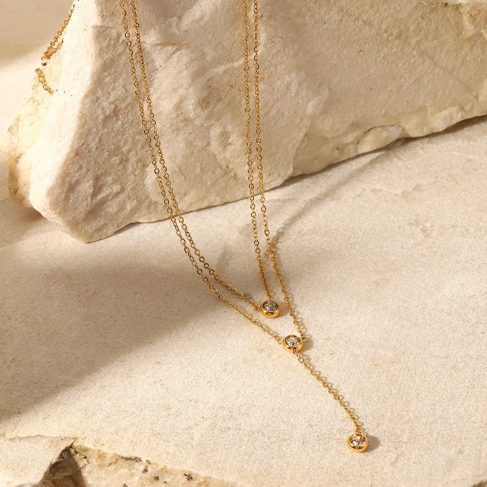 Stainless Steel Zircon Double-Layered Necklace - Image 2