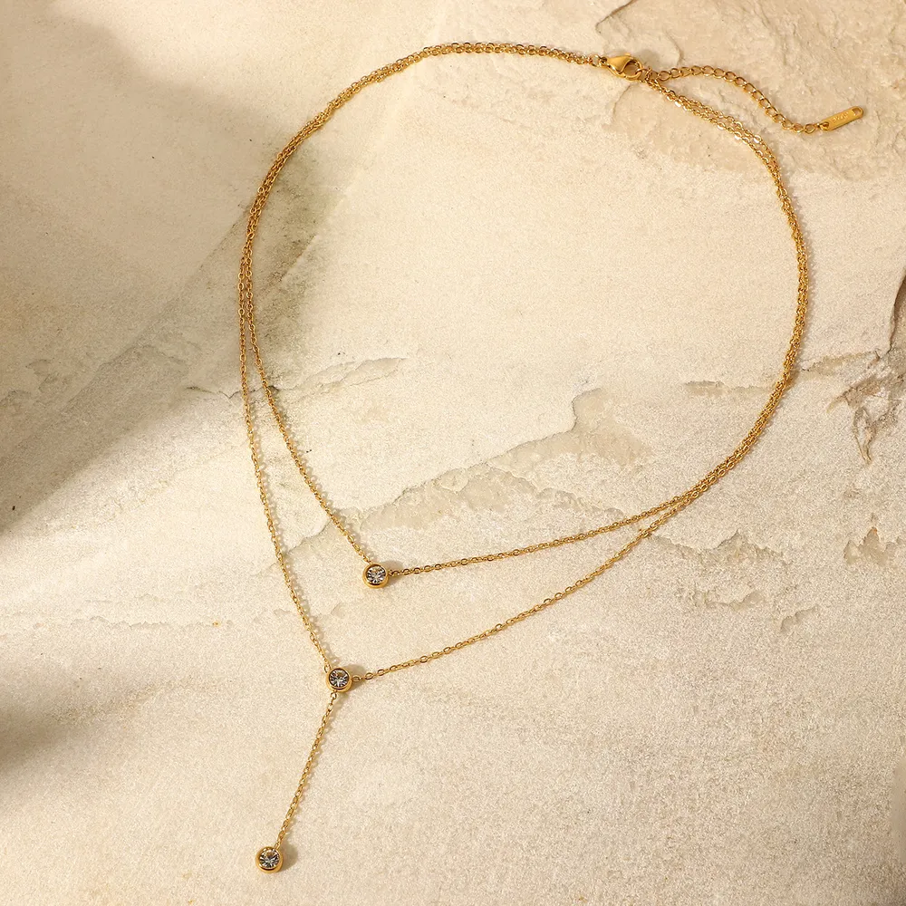 Stainless Steel Zircon Double-Layered Necklace - Image 4