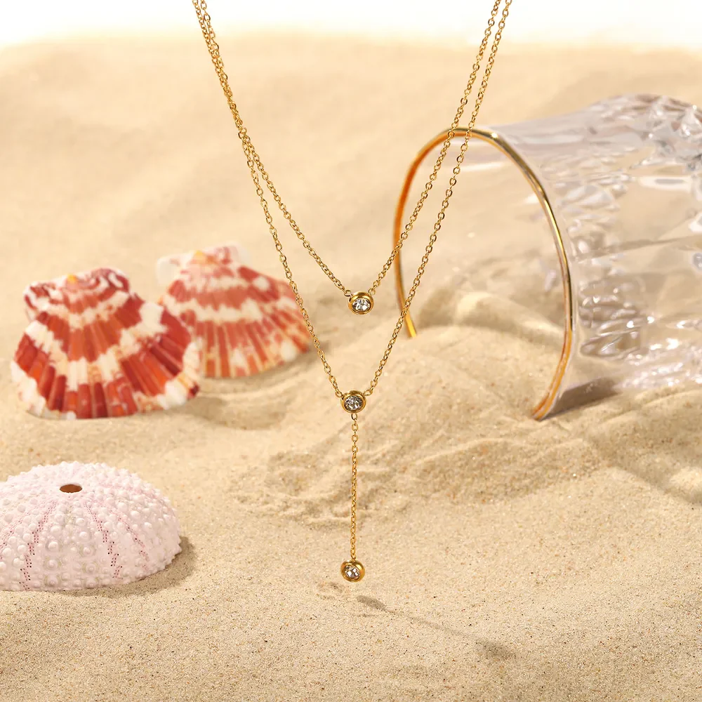 Stainless Steel Zircon Double-Layered Necklace - Image 5
