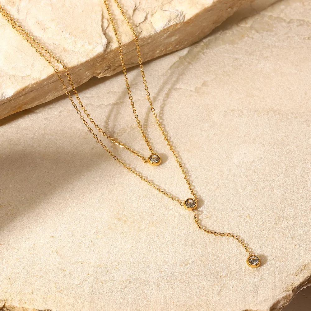Stainless Steel Zircon Double-Layered Necklace - Image 6