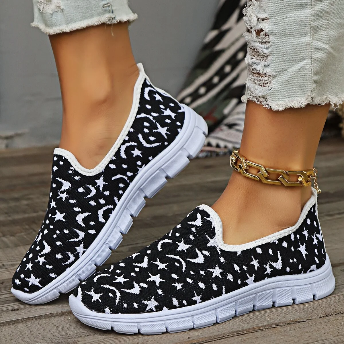 Star & Moon Pattern Flat Loafers - Image 5