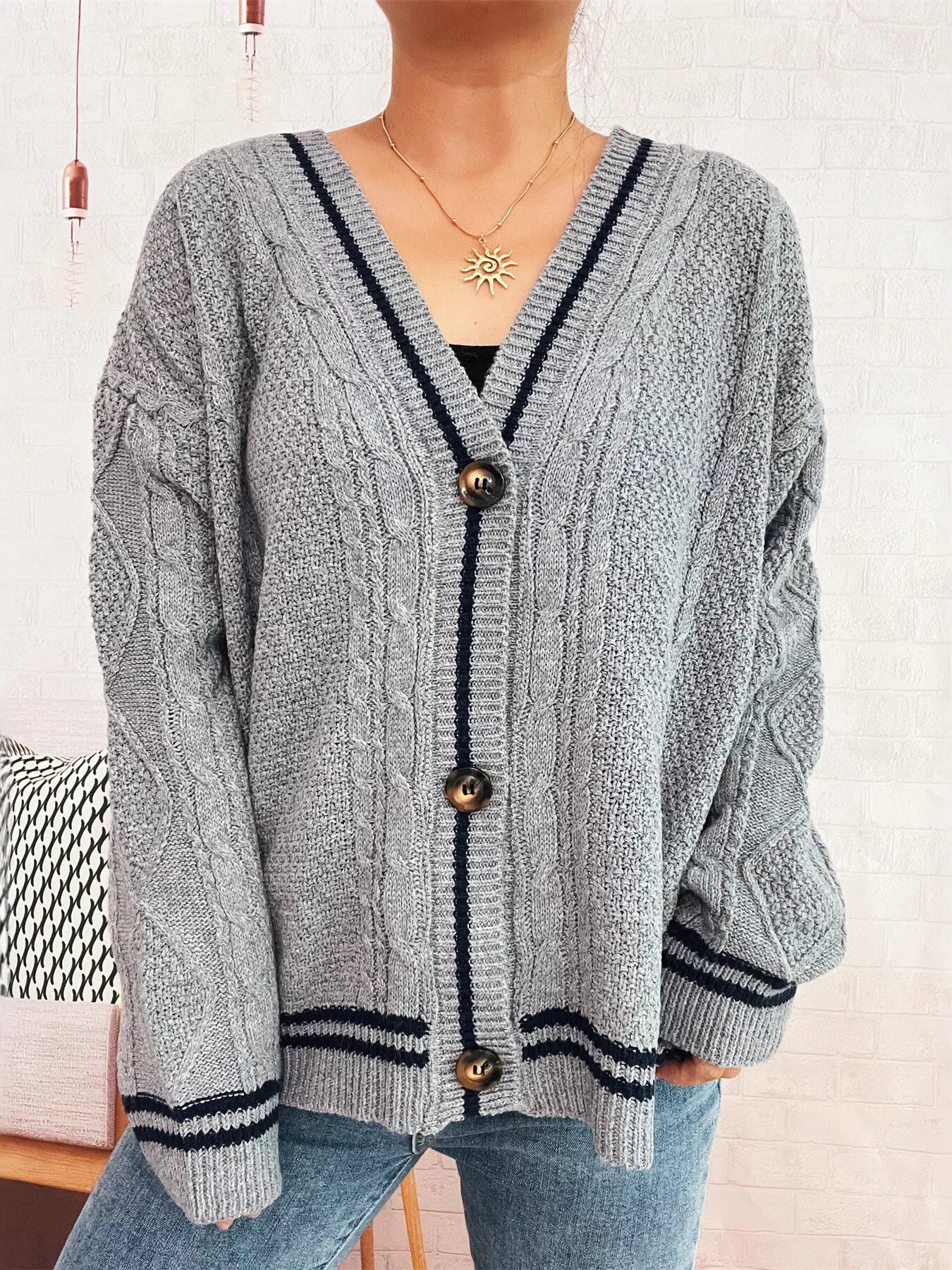Star Pattern Button-Up Cardigan with Contrast Trim - Image 11