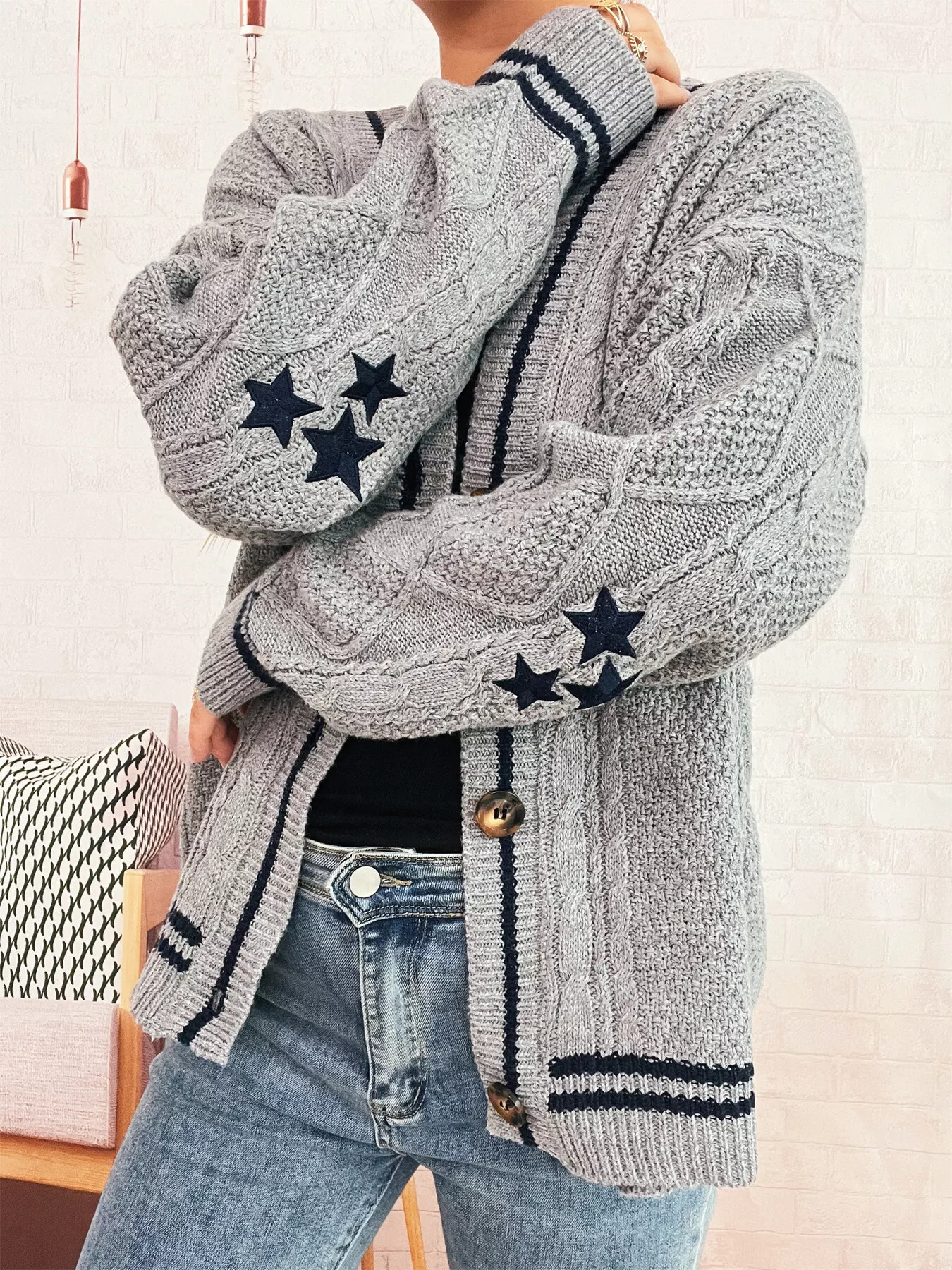 Star Pattern Button-Up Cardigan with Contrast Trim - Image 12