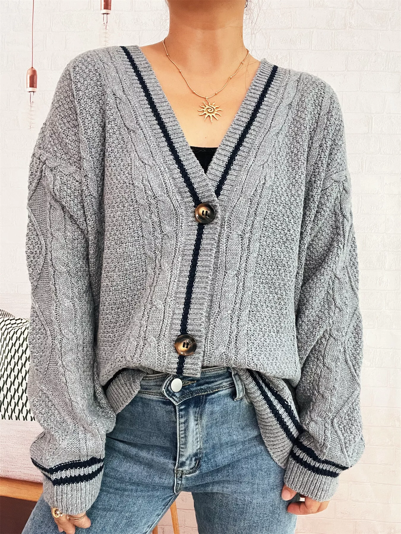 Star Pattern Button-Up Cardigan with Contrast Trim - Image 13