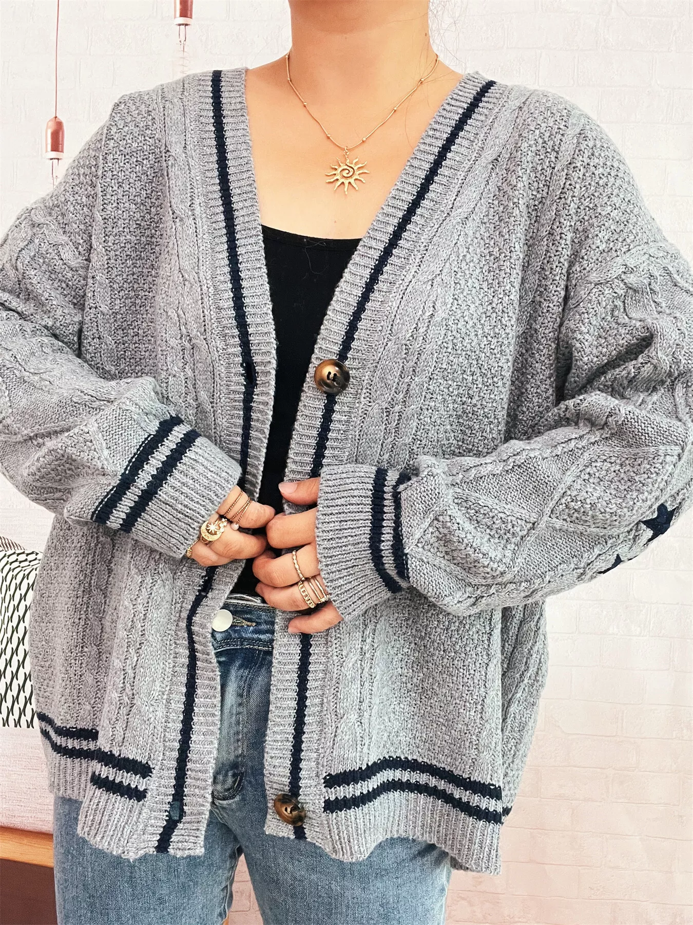 Star Pattern Button-Up Cardigan with Contrast Trim - Image 14