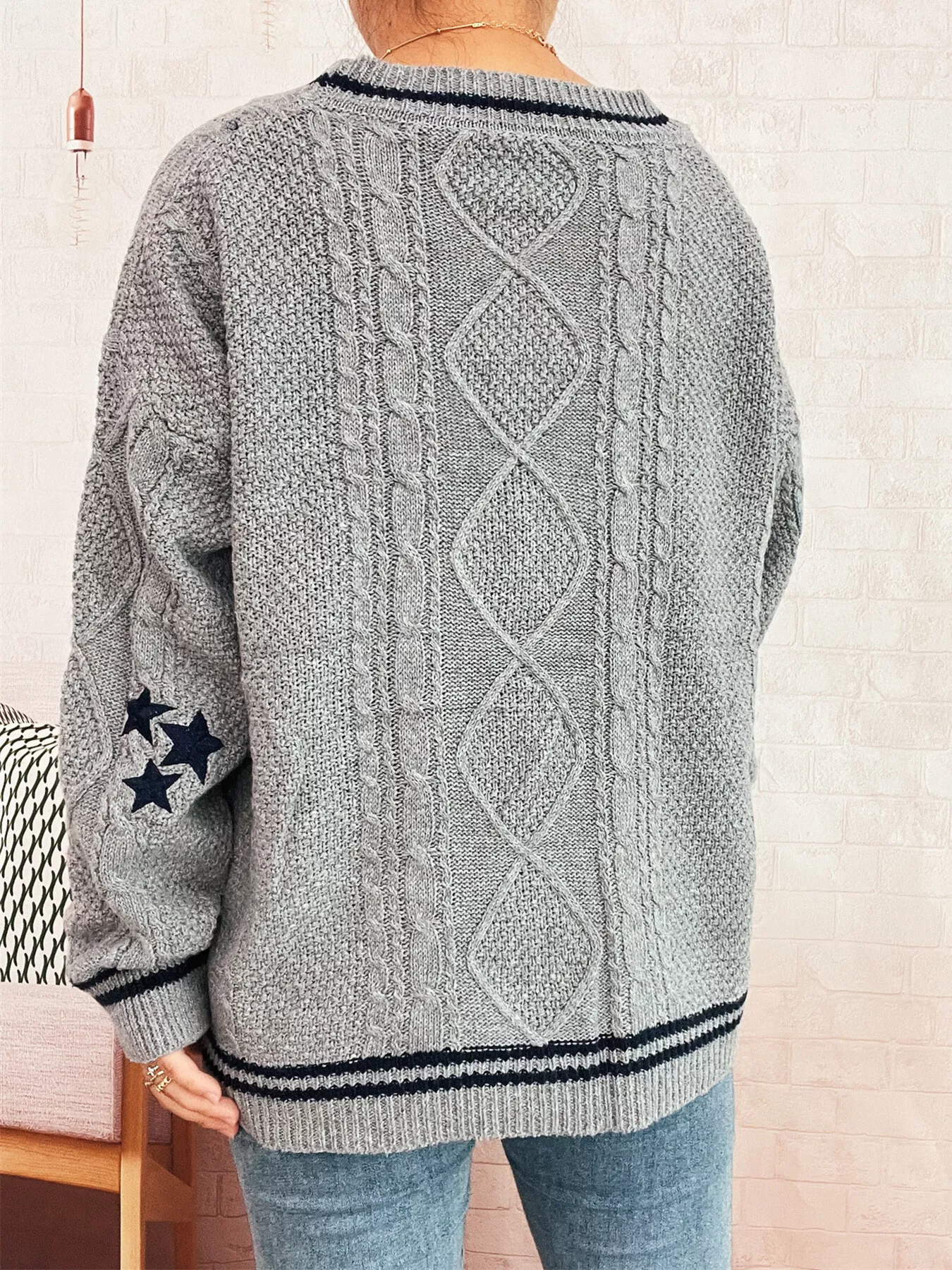 Star Pattern Button-Up Cardigan with Contrast Trim - Image 15