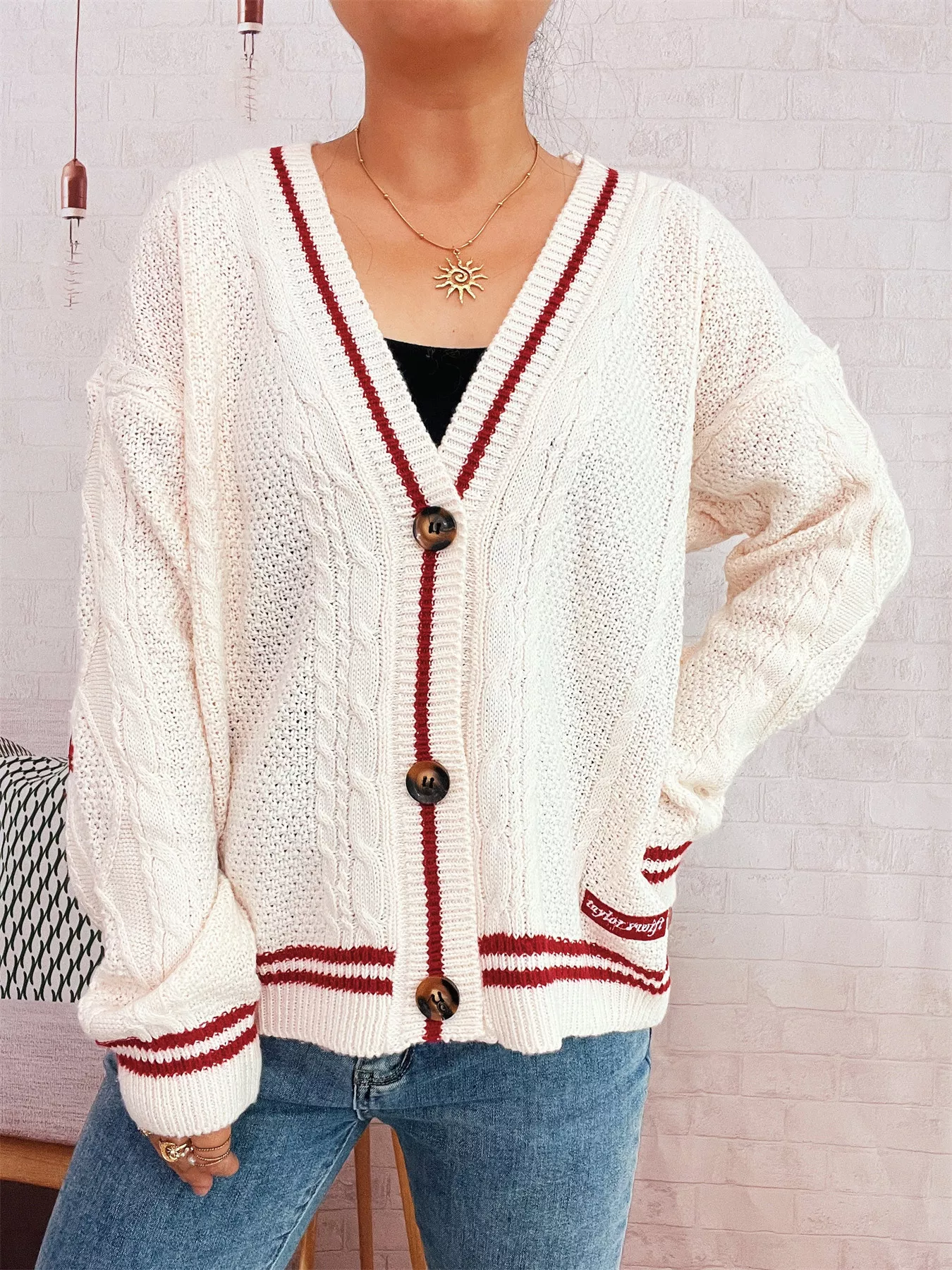 Star Pattern Button-Up Cardigan with Contrast Trim - Image 16